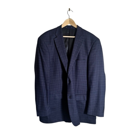 Paul Fredrick Other - Paul Fredrick Sport Coat Blazer Mens 46 L Plaid Blue Classic Fit Wool Silk Linen